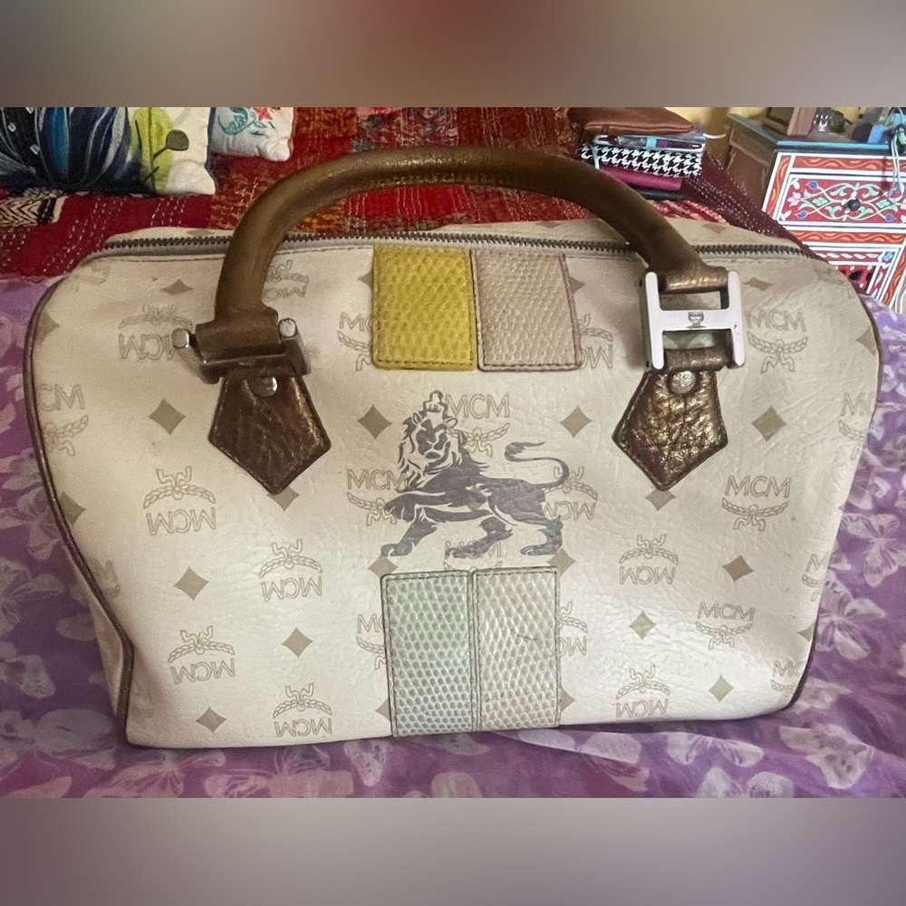 MCM Cream and Brown Satchel. Apx 12 x 10 x 7. Good used condition.